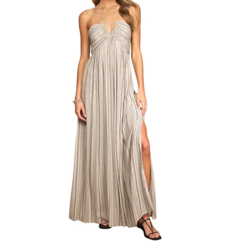 Promes Beige and Brown Strapless with Halter Back Maxi Dress Size Medium